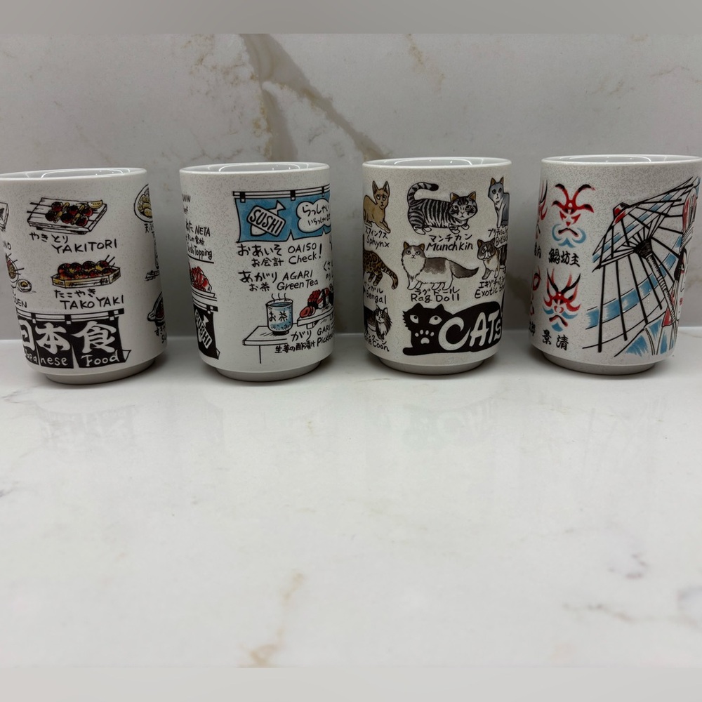 Set of 4 Japanese Mino Ware Sushi Teacups Handmade Ceramic Yunomi Set